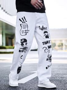 Manfinity Men Letter & Figure Graphic Jeans - White - View 1