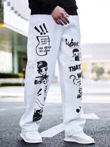 Manfinity Men Letter & Figure Graphic Jeans - White - View 3
