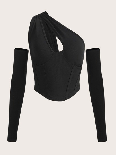 SHEIN One Shoulder Cut Out Crop Top With Arm Sleeve