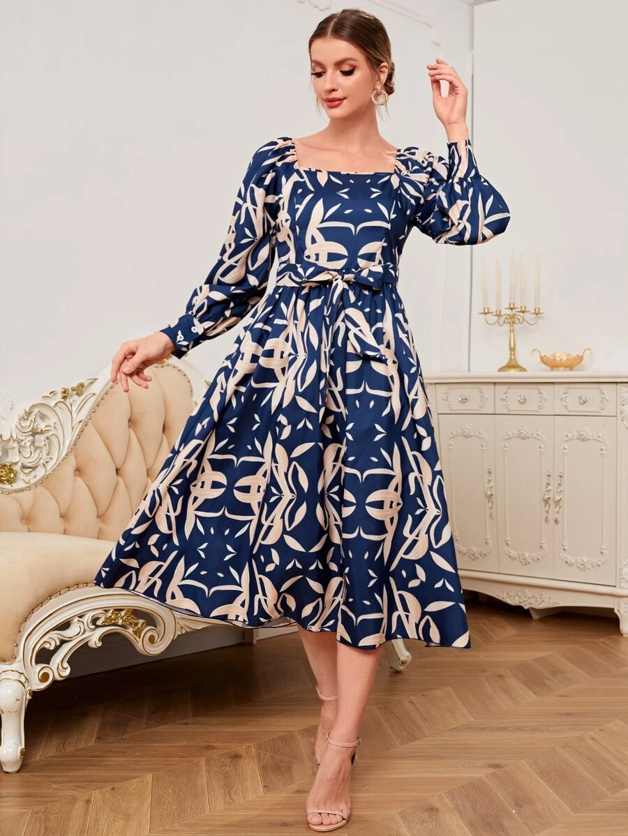 滿版印花方領連衣裙 - 藏蓝色 - 查看 1