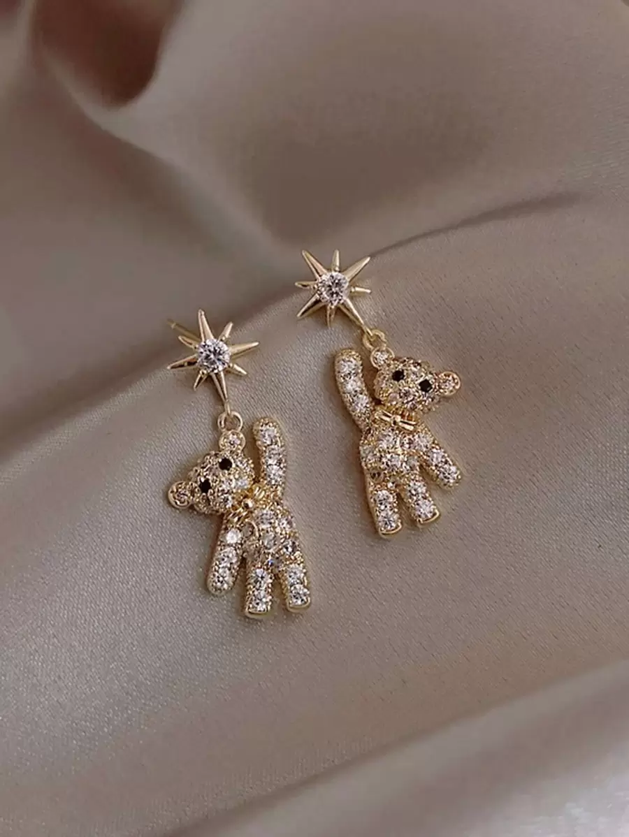 Andkiss 1pair Rhinestone Decor Bear Design Drop Earrings