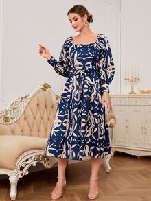 滿版印花方領連衣裙 - 藏蓝色 - 查看 3