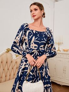 滿版印花方領連衣裙 - 藏蓝色 - 查看 4