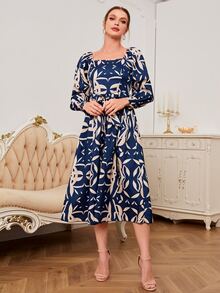 滿版印花方領連衣裙 - 藏蓝色 - 查看 5