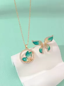 水鑽裝飾蝴蝶吊墜項鍊和耳釘