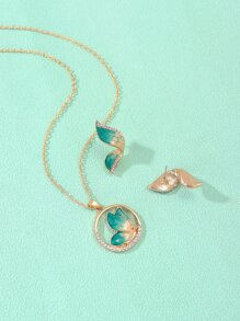 水鑽裝飾蝴蝶吊墜項鍊和耳釘