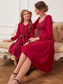 Sweetheart Neck Lantern Sleeve Bust Ruched Mermaid Hem Dress - Burgundy - View 3