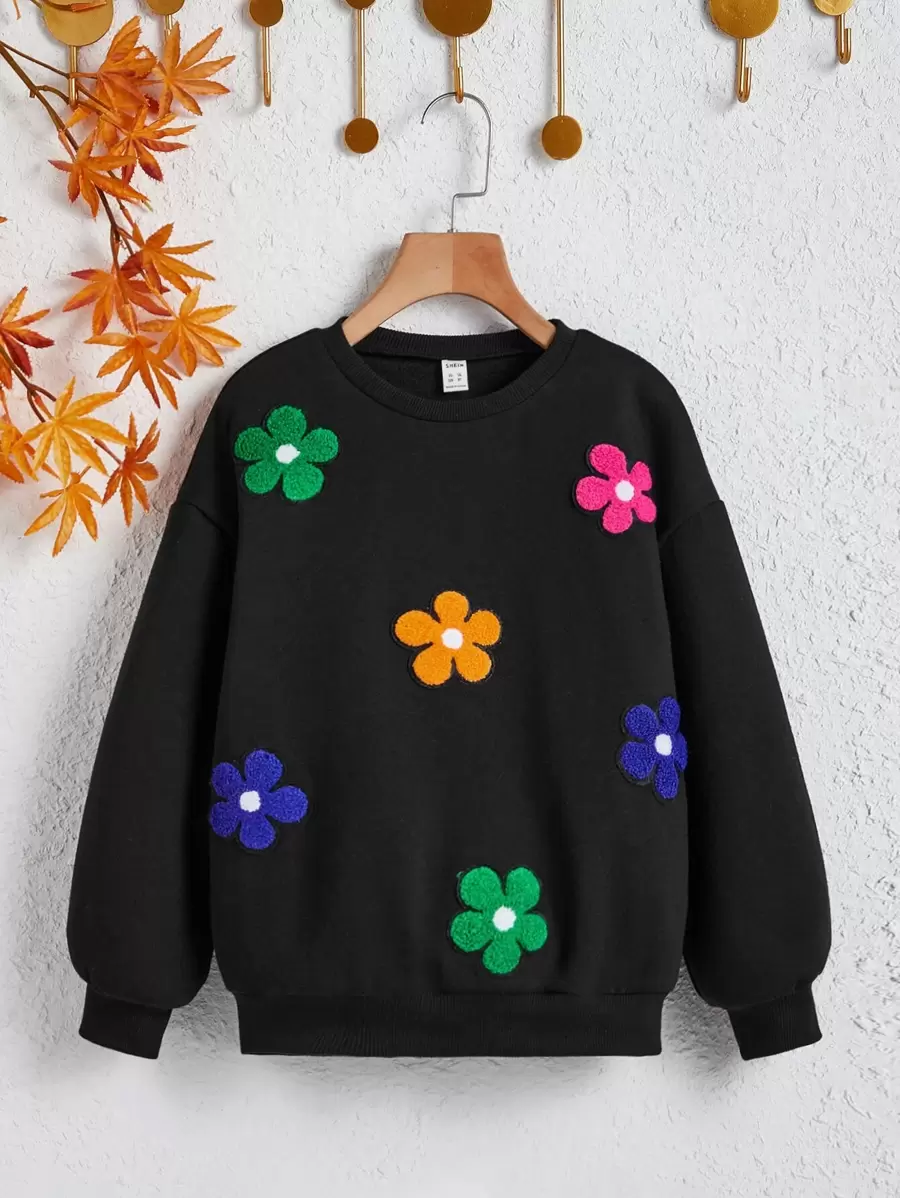 SHEIN Tween Girl Floral Patched Drop Shoulder Pullover,In Fall/Winter - Black - View 1