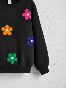 SHEIN Tween Girl Floral Patched Drop Shoulder Pullover,In Fall/Winter - Black - View 3