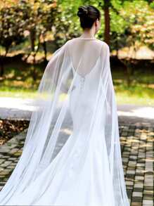1pc Bridal Cape Cloak With Train & Simple Design, Perfect For Wedding/Evening Party Fall Clothes For Women - White - View 2