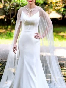 1pc Bridal Cape Cloak With Train & Simple Design, Perfect For Wedding/Evening Party Fall Clothes For Women - White - View 3
