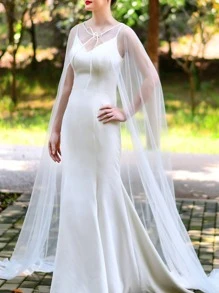 1pc Bridal Cape Cloak With Train & Simple Design, Perfect For Wedding/Evening Party Fall Clothes For Women - White - View 4