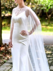 1pc Bridal Cape Cloak With Train & Simple Design, Perfect For Wedding/Evening Party Fall Clothes For Women - White - View 5