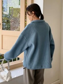 DAZY Letter Patched Half Zip Drop Shoulder Teddy Sweatshirt,Fall Women Clothes,Thermal Lined - Dusty Blue - View 4