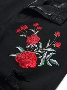 男士花卉刺绣破洞牛仔裤 - 黑色 - 查看 4