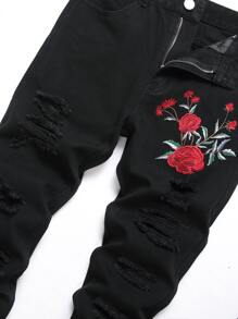 男士花卉刺绣破洞牛仔裤 - 黑色 - 查看 5