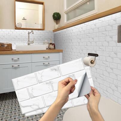 6pcs Brick Pattern Wall Sticker, Marble Print Waterproof PVC Wall Tile Sticker For Home Decor, Renovation Stickers Peel Wall Panels, Wall Paper, Wallpapers, Spring Decoration Items Refresh Your Home, Rama Decoration Stickers Gifts Birthday Graduation