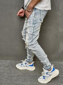 Manfinity LEGND 男式棉质破洞紧身磨边牛仔裤纯色修身长款破洞浅蓝色工装牛仔裤，适合送给老公、男朋友的礼物 - 淺色水洗藍 - 查看 3