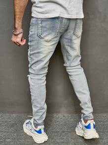 Manfinity LEGND 男式棉质破洞紧身磨边牛仔裤纯色修身长款破洞浅蓝色工装牛仔裤，适合送给老公、男朋友的礼物 - 淺色水洗藍 - 查看 7