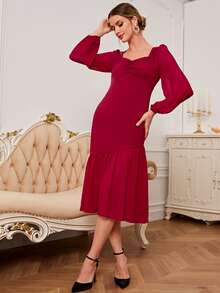 Sweetheart Neck Lantern Sleeve Bust Ruched Mermaid Hem Dress - Burgundy - View 5