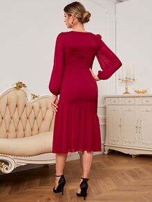 Sweetheart Neck Lantern Sleeve Bust Ruched Mermaid Hem Dress - Burgundy - View 2