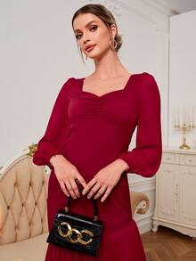 Sweetheart Neck Lantern Sleeve Bust Ruched Mermaid Hem Dress - Burgundy - View 4