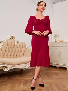 Sweetheart Neck Lantern Sleeve Bust Ruched Mermaid Hem Dress - Burgundy - View 6