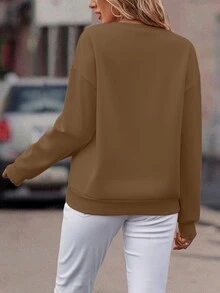 愛心和標語圖案落肩袖運動衫 - 棕色 - 查看 2