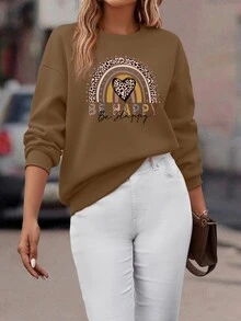 愛心和標語圖案落肩袖運動衫 - 棕色 - 查看 4