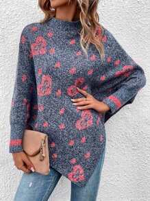 Heart Pattern Batwing Sleeve Asymmetrical Hem Jumper - Dusty Blue - View 1