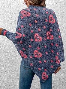 Heart Pattern Batwing Sleeve Asymmetrical Hem Jumper - Dusty Blue - View 2