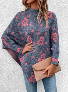 Heart Pattern Batwing Sleeve Asymmetrical Hem Jumper - Dusty Blue - View 4