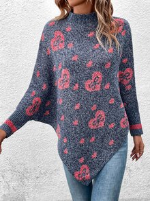 Heart Pattern Batwing Sleeve Asymmetrical Hem Jumper - Dusty Blue - View 5