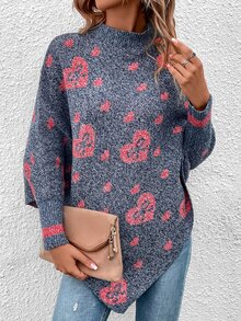 Heart Pattern Batwing Sleeve Asymmetrical Hem Jumper - Dusty Blue - View 6