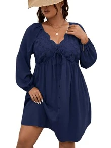 SHEIN LUNE Plus Guipure Lace Insert Knot Front Lantern Sleeve Dress - Navy Blue - View 1