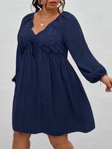 SHEIN LUNE Plus Guipure Lace Insert Knot Front Lantern Sleeve Dress - Navy Blue - View 3