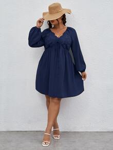 SHEIN LUNE Plus Guipure Lace Insert Knot Front Lantern Sleeve Dress - Navy Blue - View 4