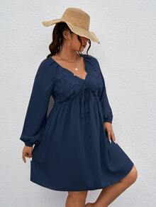 SHEIN LUNE Plus Guipure Lace Insert Knot Front Lantern Sleeve Dress - Navy Blue - View 5