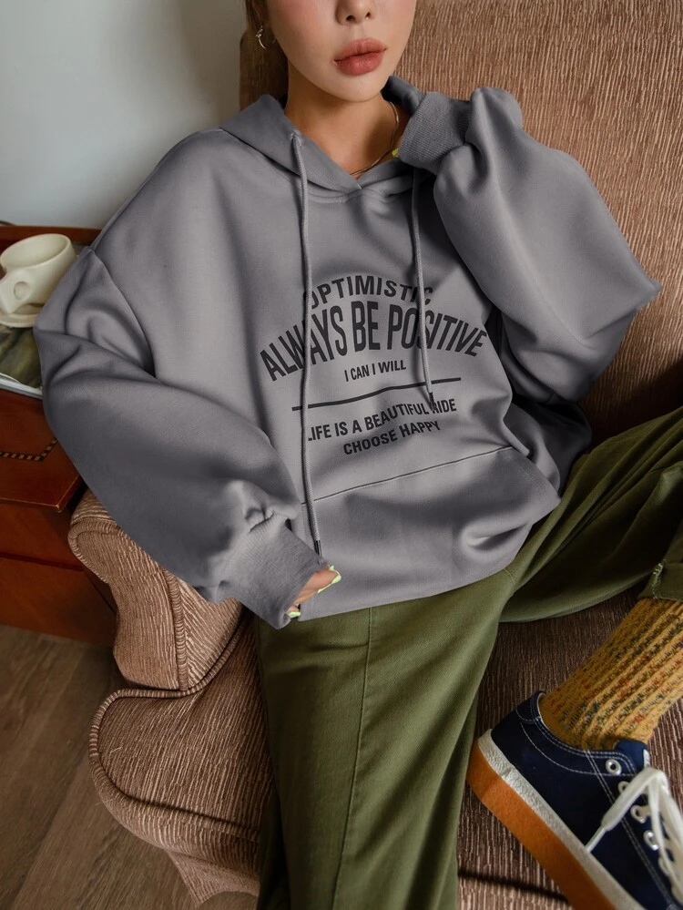 Slogan Graphic Big Pocket Drop Shoulder Drawstring Hoodie,Long Sleeve Tops,Fall Women Clothes Sweatshirt