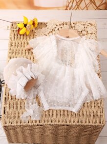 Newborn Photography Contrast Mesh Ruffle Trim Bodysuit & Hat - White - View 5