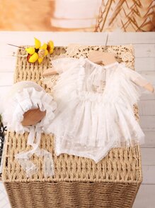 Newborn Photography Contrast Mesh Ruffle Trim Bodysuit & Hat - White - View 6