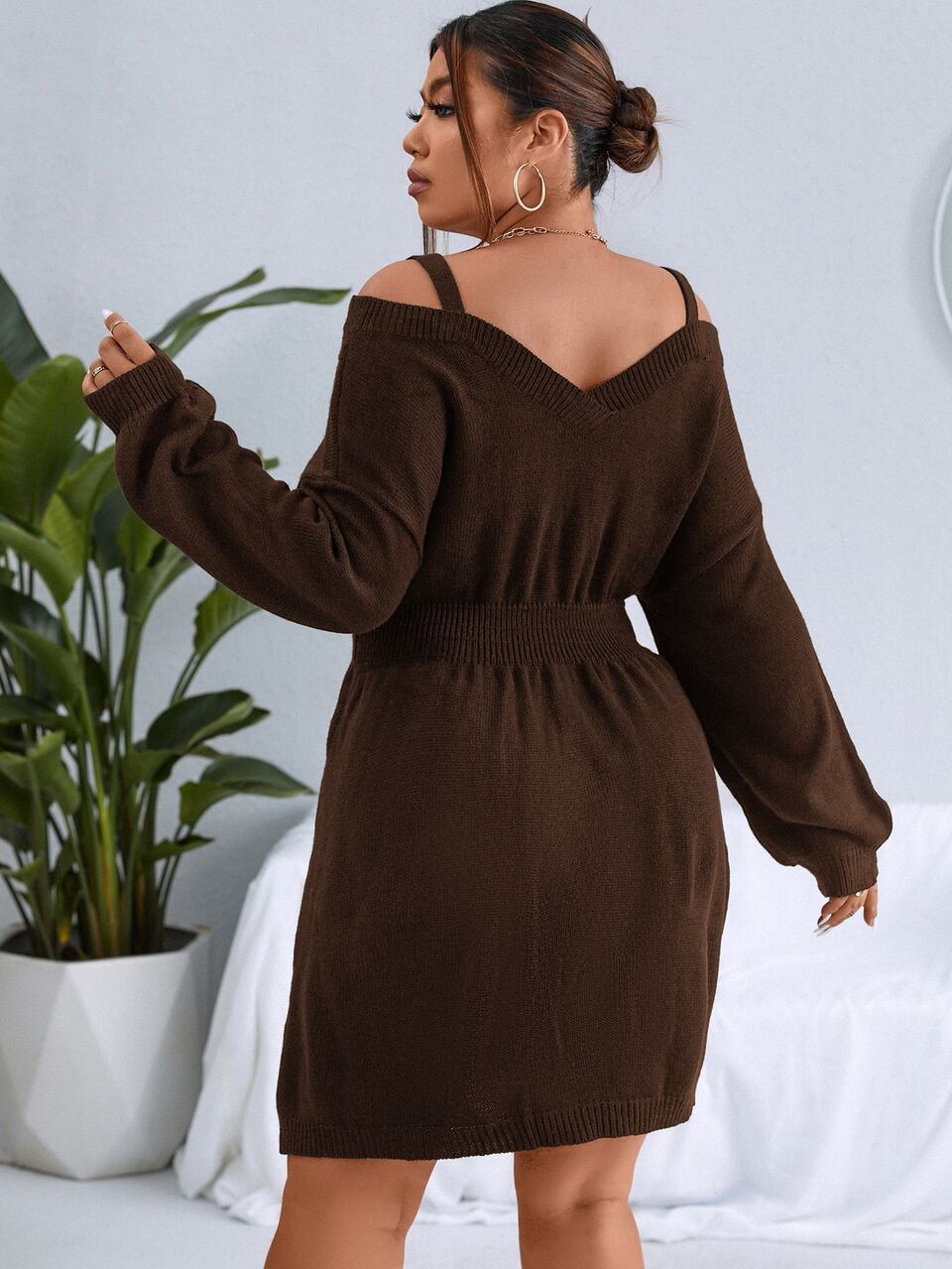 Plus Cable Knit Cold Shoulder Sweater Dress, For Winter Fall Cloth For Women Autumn