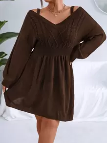 SHEIN Clasi Plus Cable Knit Cold Shoulder Jumper Dress - Coffee Brown - View 4