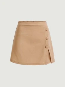 SHEIN MOD Falda unicolor con botón delantero con cremallera trasera - Camel - Ver 1