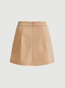 SHEIN MOD Falda unicolor con botón delantero con cremallera trasera - Camel - Ver 2