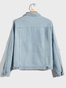 Manfinity Men Letter Patched Detail Ripped Denim Jacket Without Hoodie - Light Wash - View 2