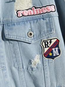 Manfinity Men Letter Patched Detail Ripped Denim Jacket Without Hoodie - Light Wash - View 3