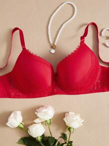 Plus Eyelash Lace Panel Push Up Bra - Red - View 1