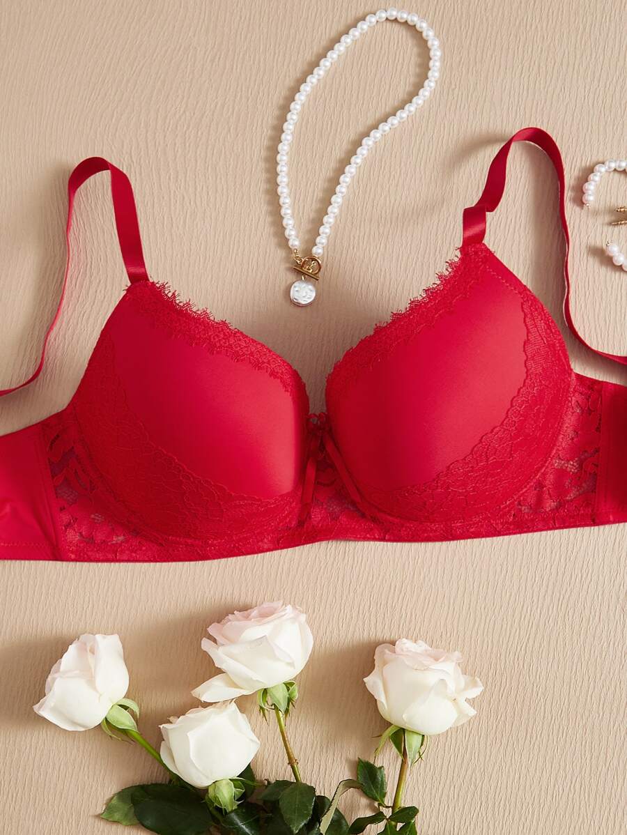 Plus Eyelash Lace Panel Push Up Bra - Red - View 1