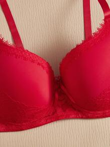 Plus Eyelash Lace Panel Push Up Bra - Red - View 4